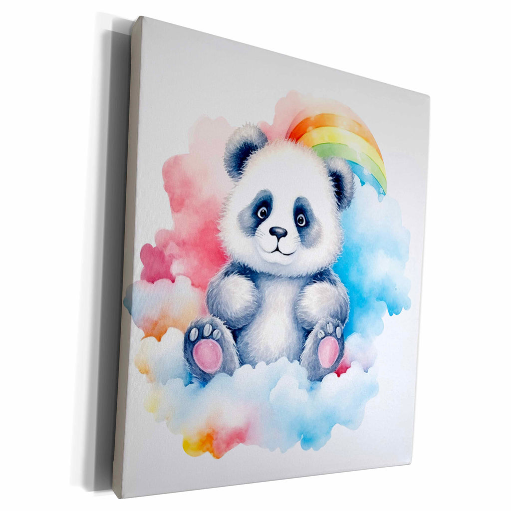 3dRose Cute Panda Bear On A Cloud With A Rainbow Illustration - Museum Grade Canvas Wrap (cw-383679)