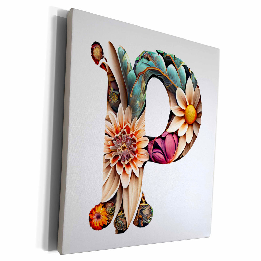 3dRose Boho Floral Monogram Initial P - Museum Grade Canvas Wrap (cw-383741)