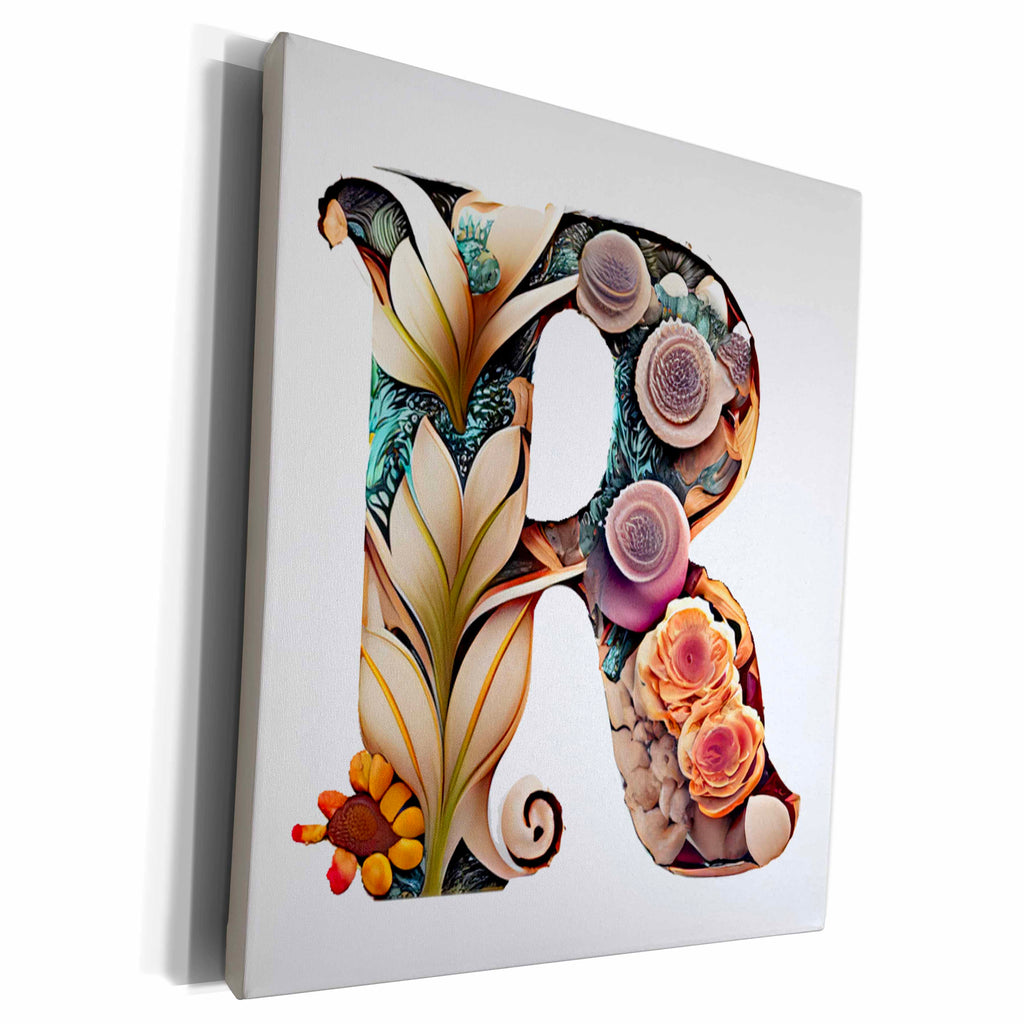 3dRose Boho Floral Monogram Initial R - Museum Grade Canvas Wrap (cw-383742)