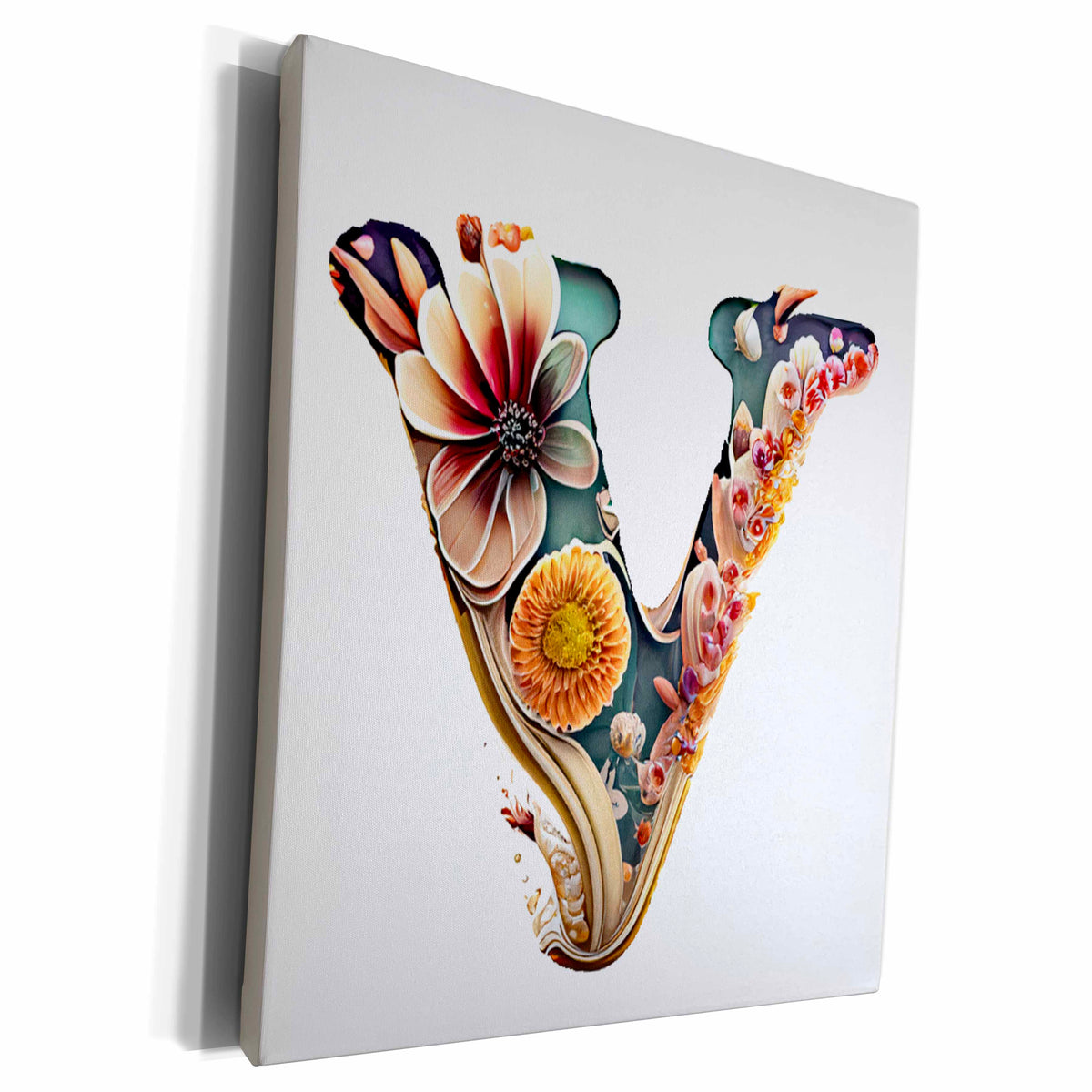 3dRose Boho Floral Monogram Initial V - Museum Grade Canvas Wrap (cw-383745)