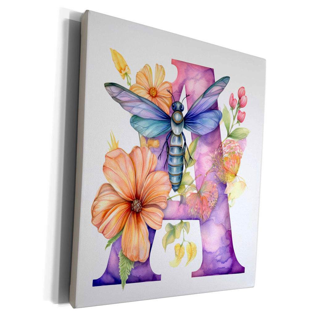 3dRose Pretty Pastel Floral Insect Monogram Initial A - Museum Grade Canvas Wrap (cw-383749)