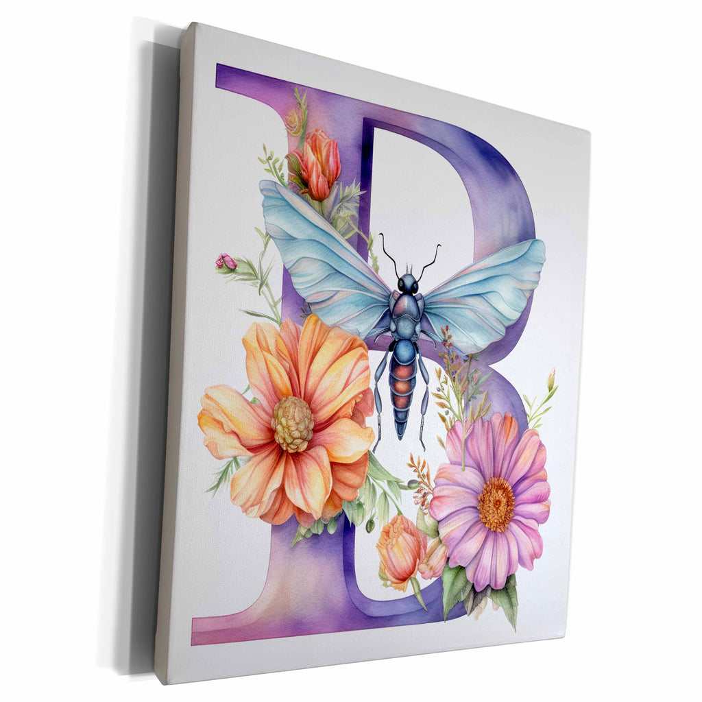 3dRose Pretty Pastel Floral Insect Monogram Initial B - Museum Grade Canvas Wrap (cw-383750)