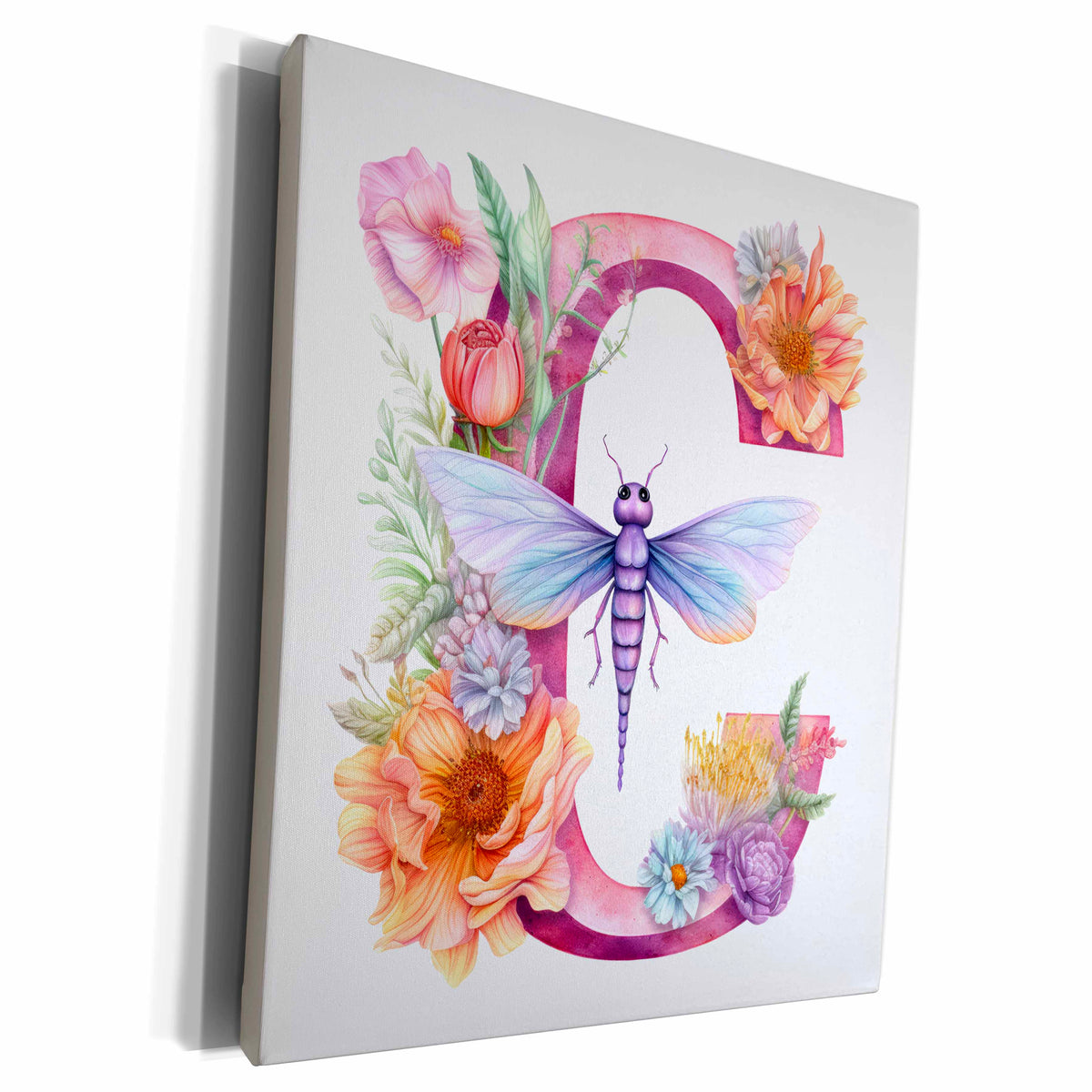 3dRose Pretty Pastel Floral Insect Monogram Initial C - Museum Grade Canvas Wrap (cw-383751)