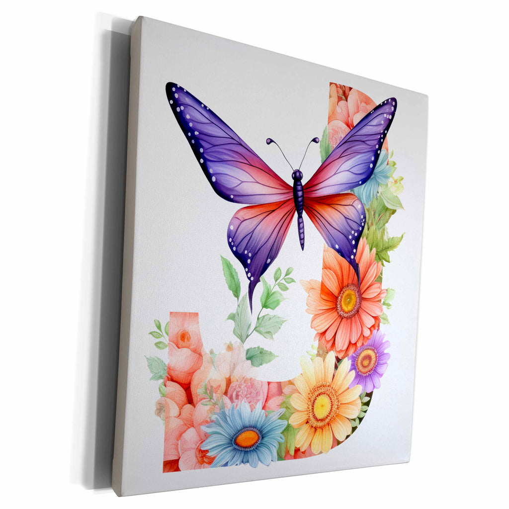 3dRose Pretty Pastel Floral Insect Monogram Initial J - Museum Grade Canvas Wrap (cw-383756)