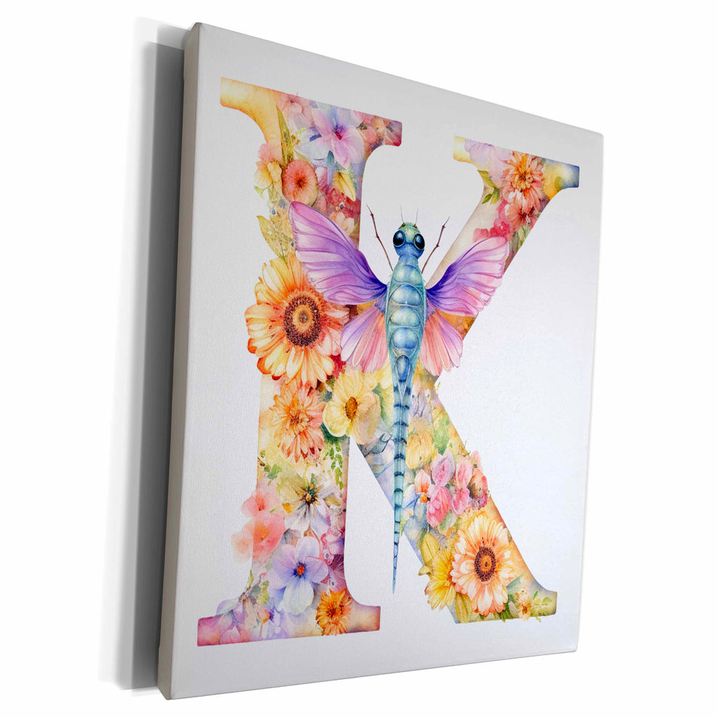 3dRose Pretty Pastel Floral Insect Monogram Initial K - Museum Grade Canvas Wrap (cw-383757)