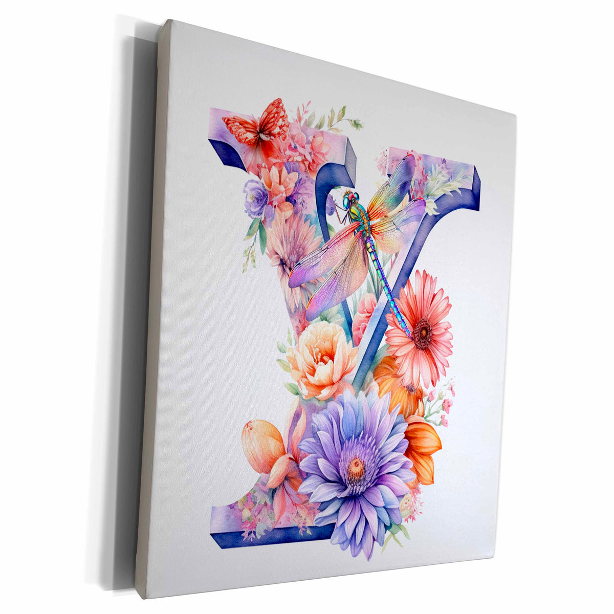 3dRose Pretty Pastel Floral Insect Monogram Initial Y - Museum Grade Canvas Wrap (cw-383767)