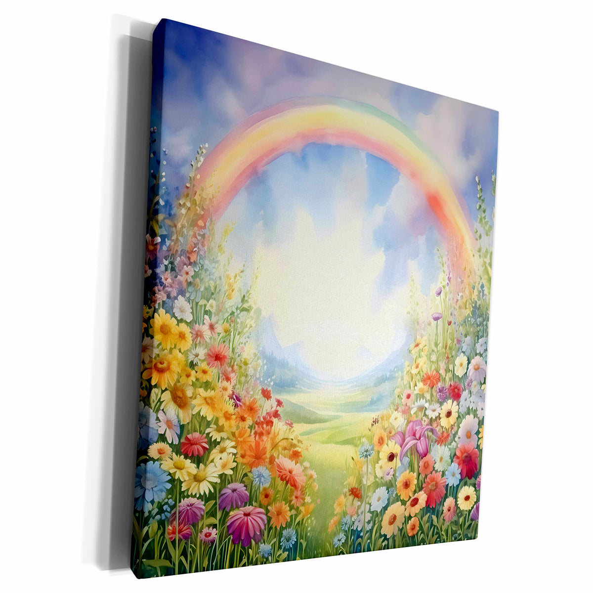 3dRose Pretty Flower Field With A Rainbow Background - Museum Grade Canvas Wrap (cw-384271)