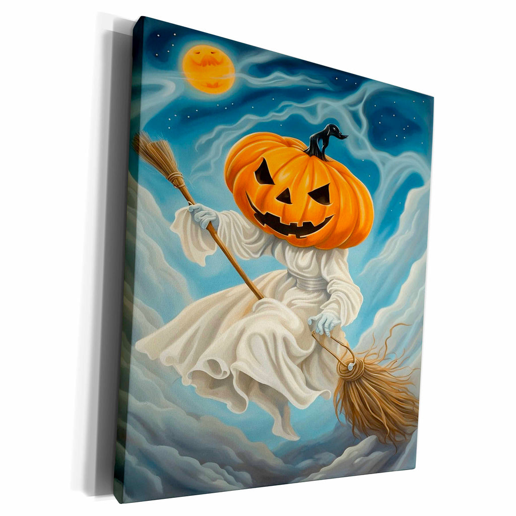 3dRose Flying Ghost Witch With Jack-O-Lantern Face Sat... - Museum Grade Canvas Wrap (cw-384876)
