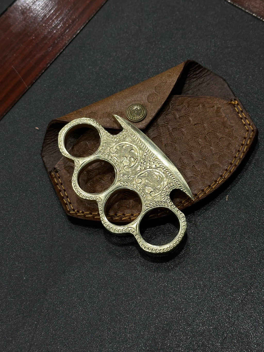Custom Engraved Brass Knuckles - Belt Loop Leather Case - Solid Brass
