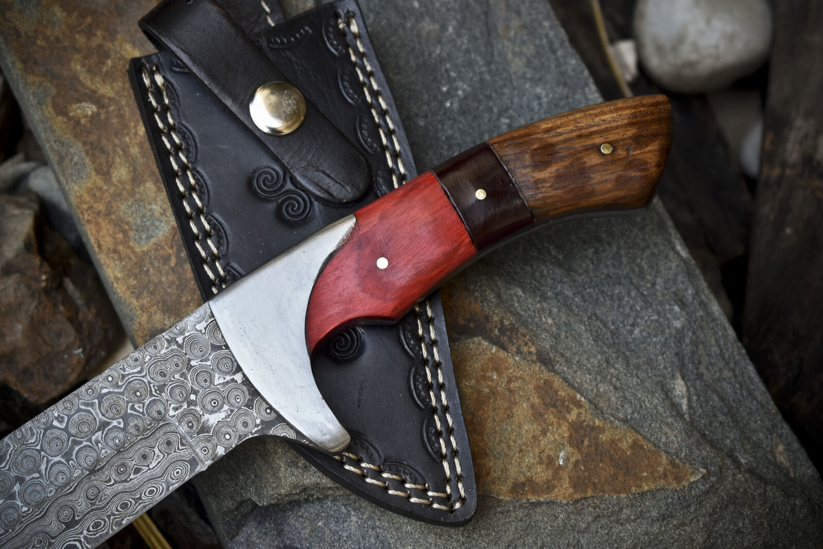 Custom Handmade Damascus Steel Hunting Knife with Pakkawood & Rosewood Handle | Steel Bolster | Includes Leather Sheath  Product Description: