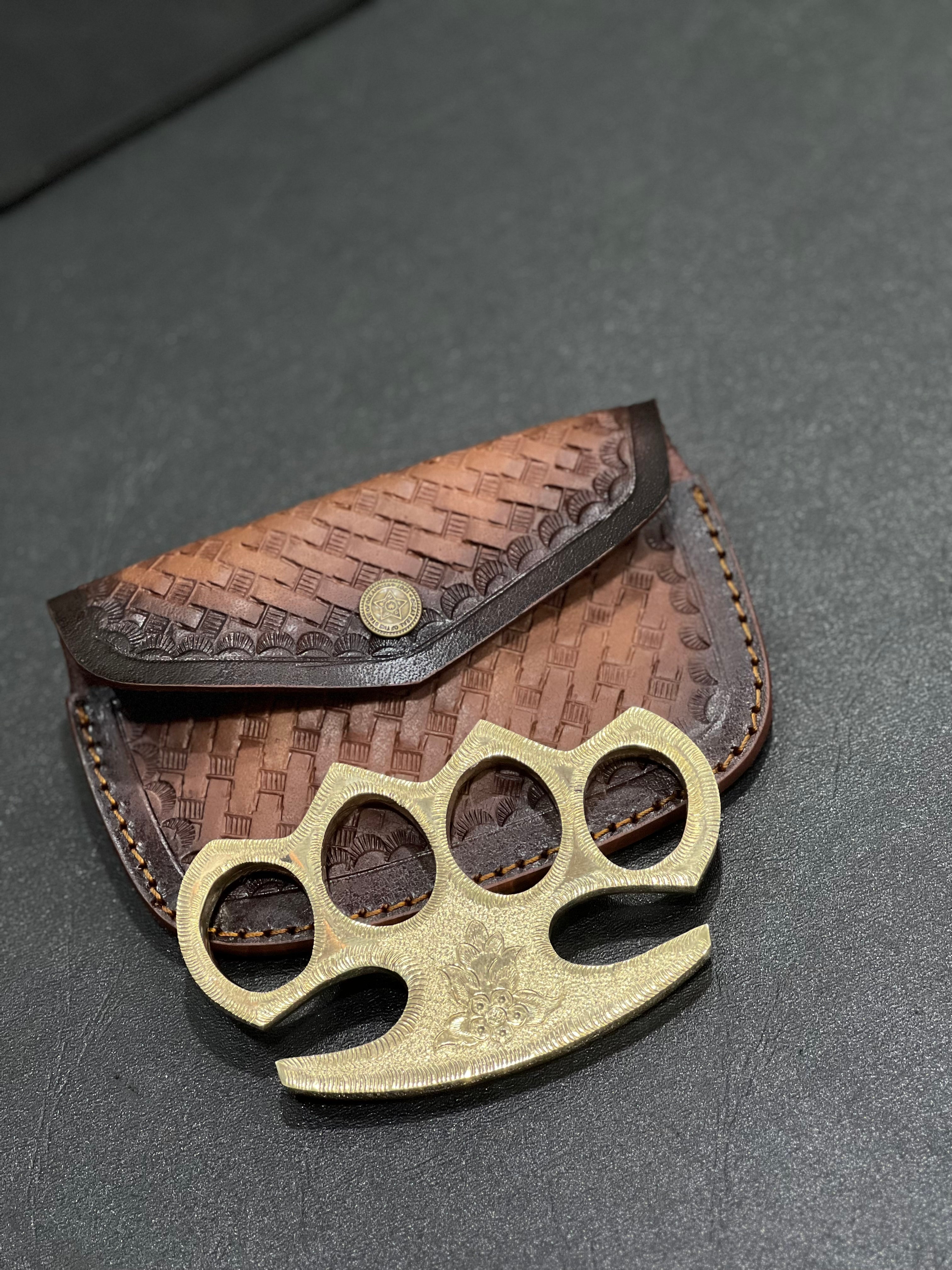 Custom Engraved Brass Knuckles with Leather Case – Personalized Solid Brass EDC Gift