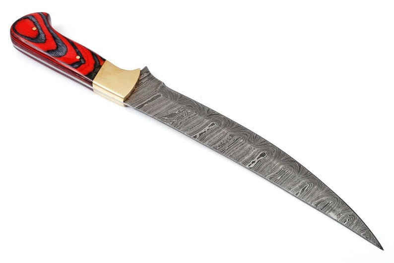 Custom Handmade Damascus Fillet Knife - 12" with Exotic Wood Handle & Brass Bolster