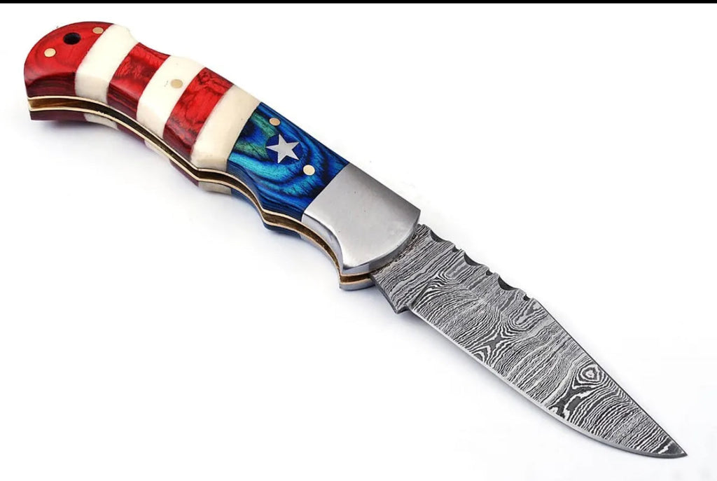 Custom Handmade Damascus Folding Knife - 3" Blade with American Flag Handle and Steel Bolster, Leather Sheath Included