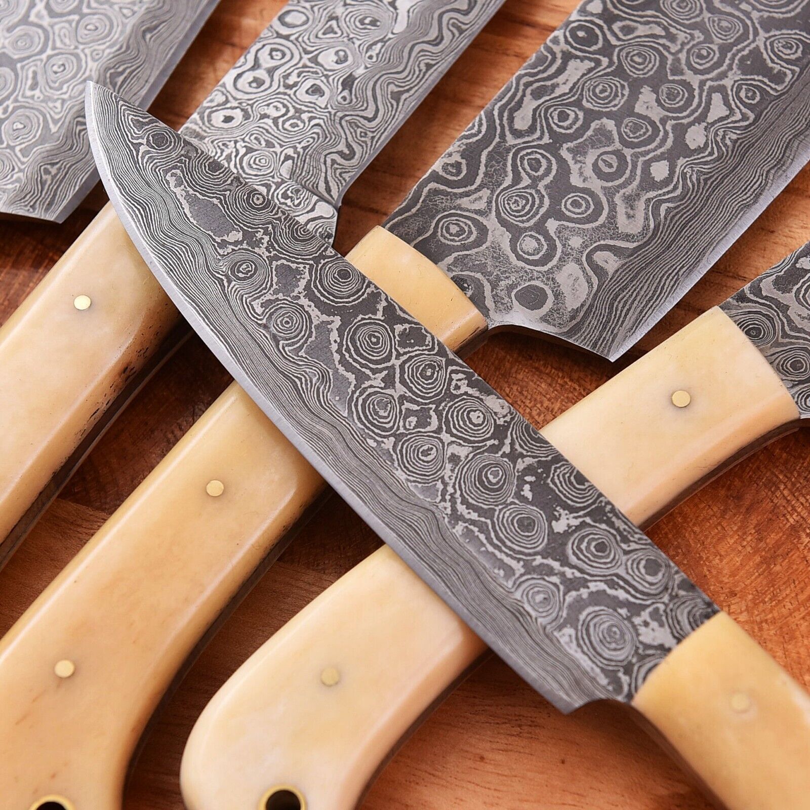 Handmade Damascus Knife Set with Camel Bone Handles
