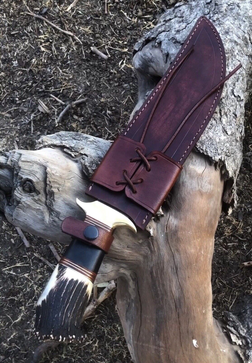 Custom Handmade J2 Steel Hunting Knife with Stag Crown and Pakkawood Handle, Brass Guard – 16" Length, Includes Leather Sheath