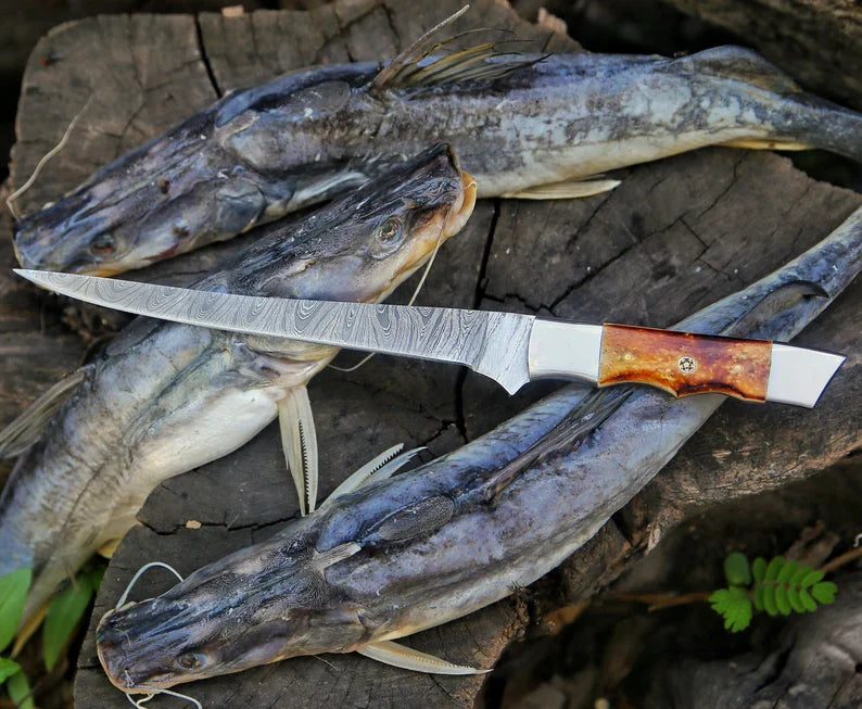 Custom Handmade 13-Inch Damascus Steel Fillet Knife with Camel Bone Handle and Leather Sheath