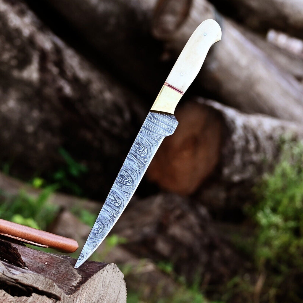 Premium Handmade Damascus Steel Fillet Knife – Brass & Camel Bone Handle with Leather Sheath | Best Fillet Knife