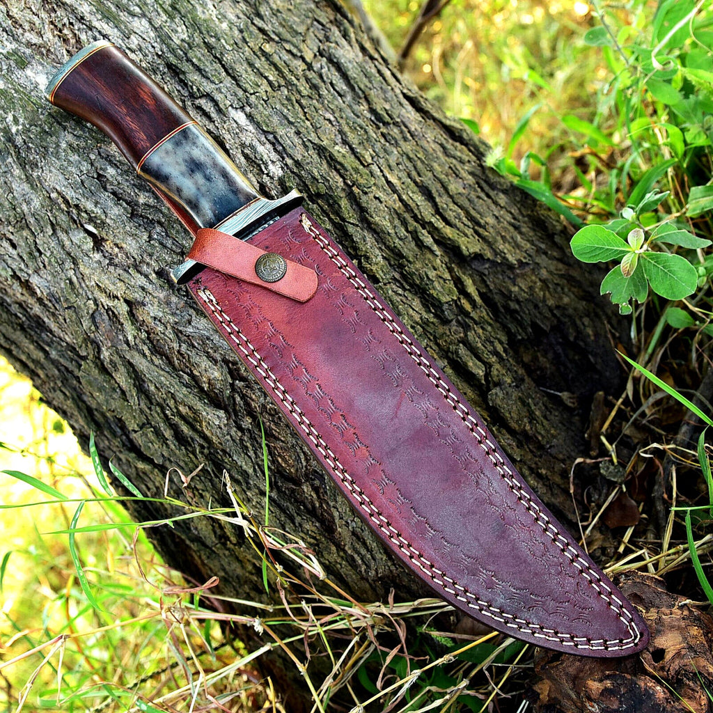 Custom Made 16" Damascus Steel Bowie Knife with Camel Bone and Rosewood Handle, Includes Leather Sheath