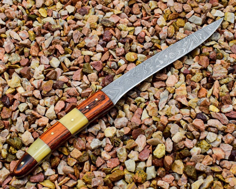 Custom Handmade Damascus Fillet Knife with Bone and Rosewood Handle - 10.5" Overall Length with Leather Sheath