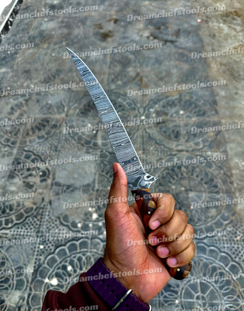 Custom Handmade Damascus Steel Fillet Knife with Custom Rosewood and Olive Wood Handle - 13" Overall Length