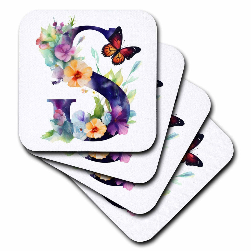 3dRose Anne Marie Baugh - Monograms - Pretty Floral Monogram Initial S - Coasters (cst-382437)