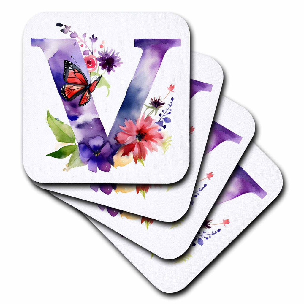 3dRose Anne Marie Baugh - Monograms - Pretty Floral Monogram Initial V - Coasters (cst-382439)