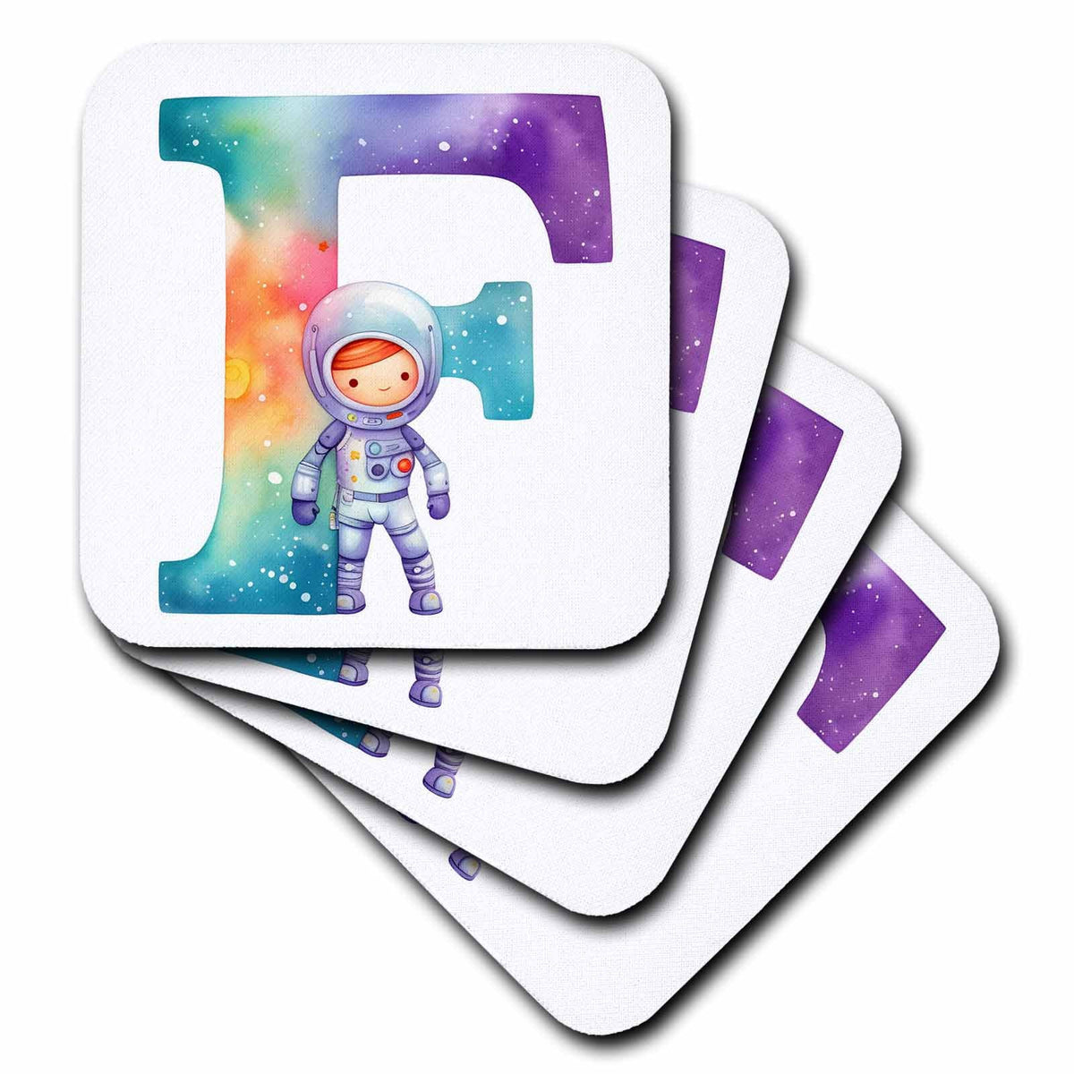 3dRose Anne Marie Baugh - Monograms - Cute Astronaut Monogram Initial F - Coasters (cst-382447)