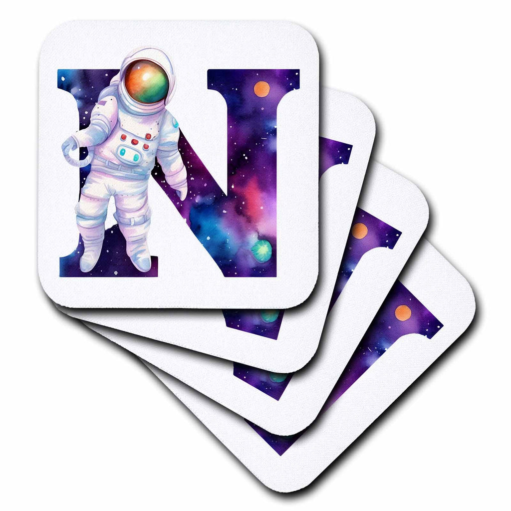 3dRose Anne Marie Baugh - Monograms - Cute Astronaut Monogram Initial N - Coasters (cst-382454)