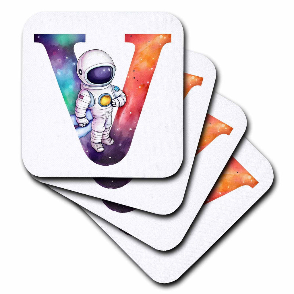 3dRose Anne Marie Baugh - Monograms - Cute Astronaut Monogram Initial V - Coasters (cst-382459)