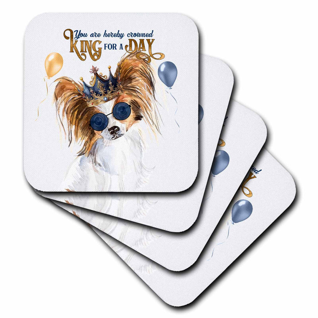 3dRose Cute Papillon Dog in a Crown for Dads Birthday King for a Day Theme - Coasters (cst-382745)