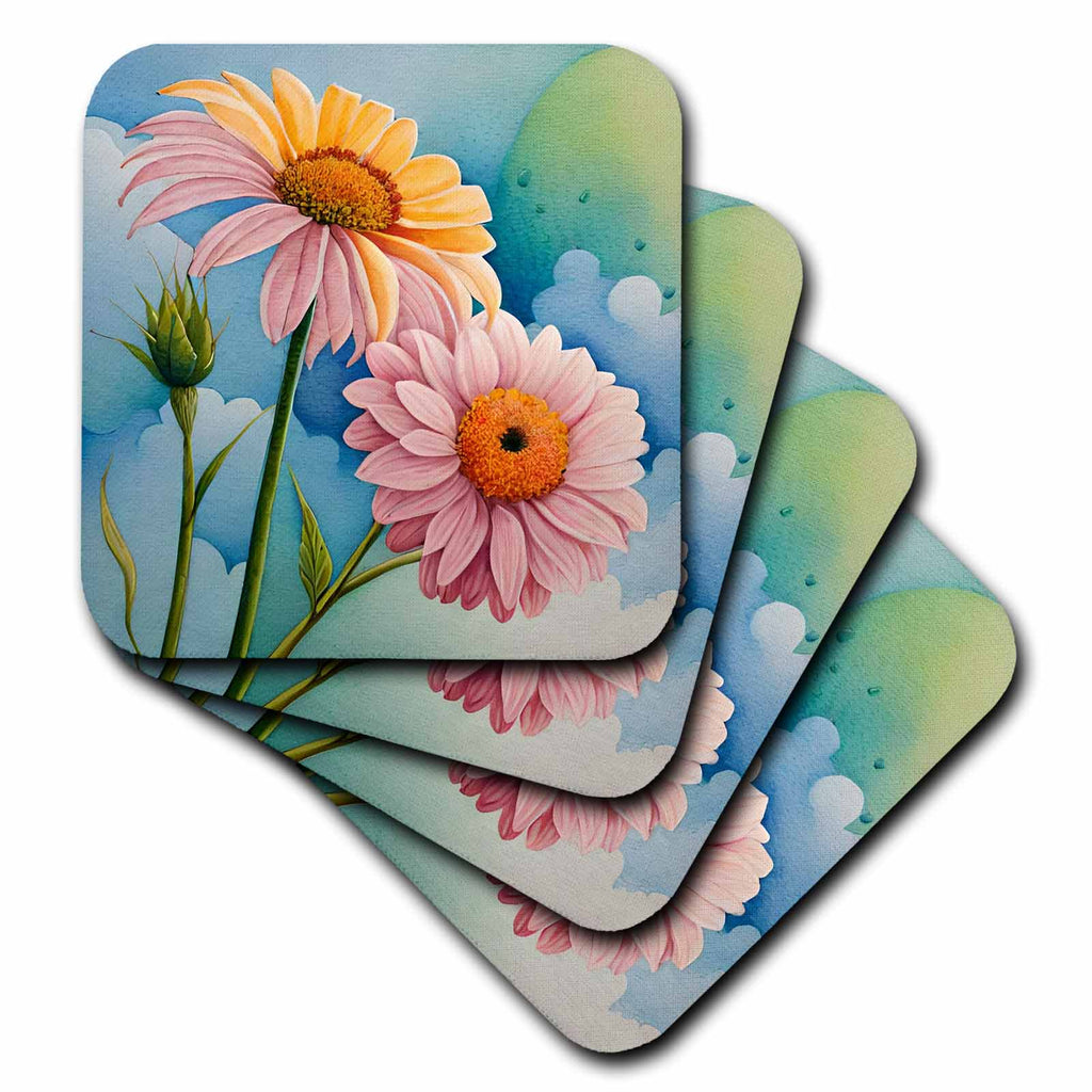 3dRose Pretty Pink and Yellow Daisy Flowers - Coasters (cst-382763)
