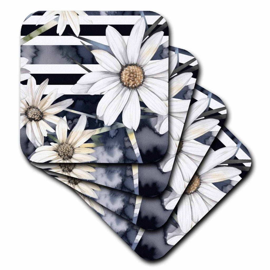 3dRose Modern Black and White Daisies On A Geometric Background - Coasters (cst-382778)