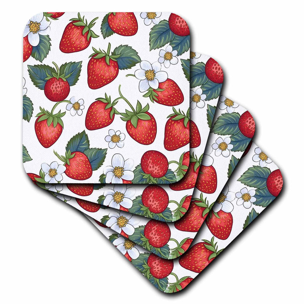 3dRose Cute Strawberries and White Flowers Background - Coasters (cst-382837)