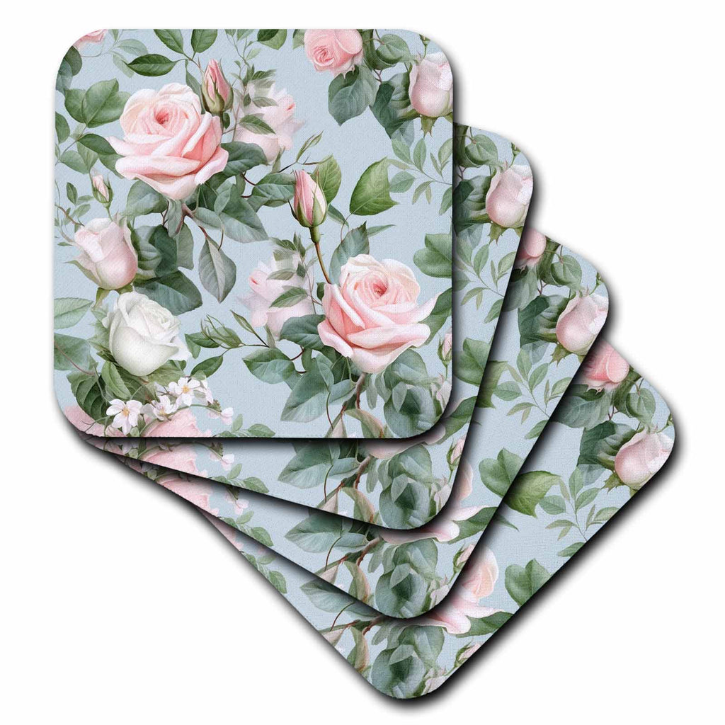 3dRose Pretty Pink Roses and Leaves Background - Coasters (cst-382840)