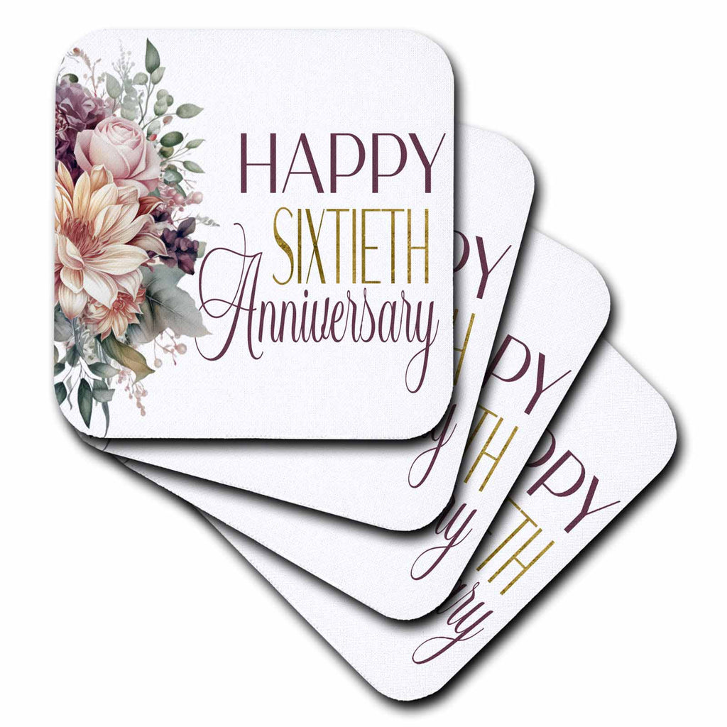 3dRose Elegant Floral Happy Sixtieth Anniversary - Coasters (cst-382986)