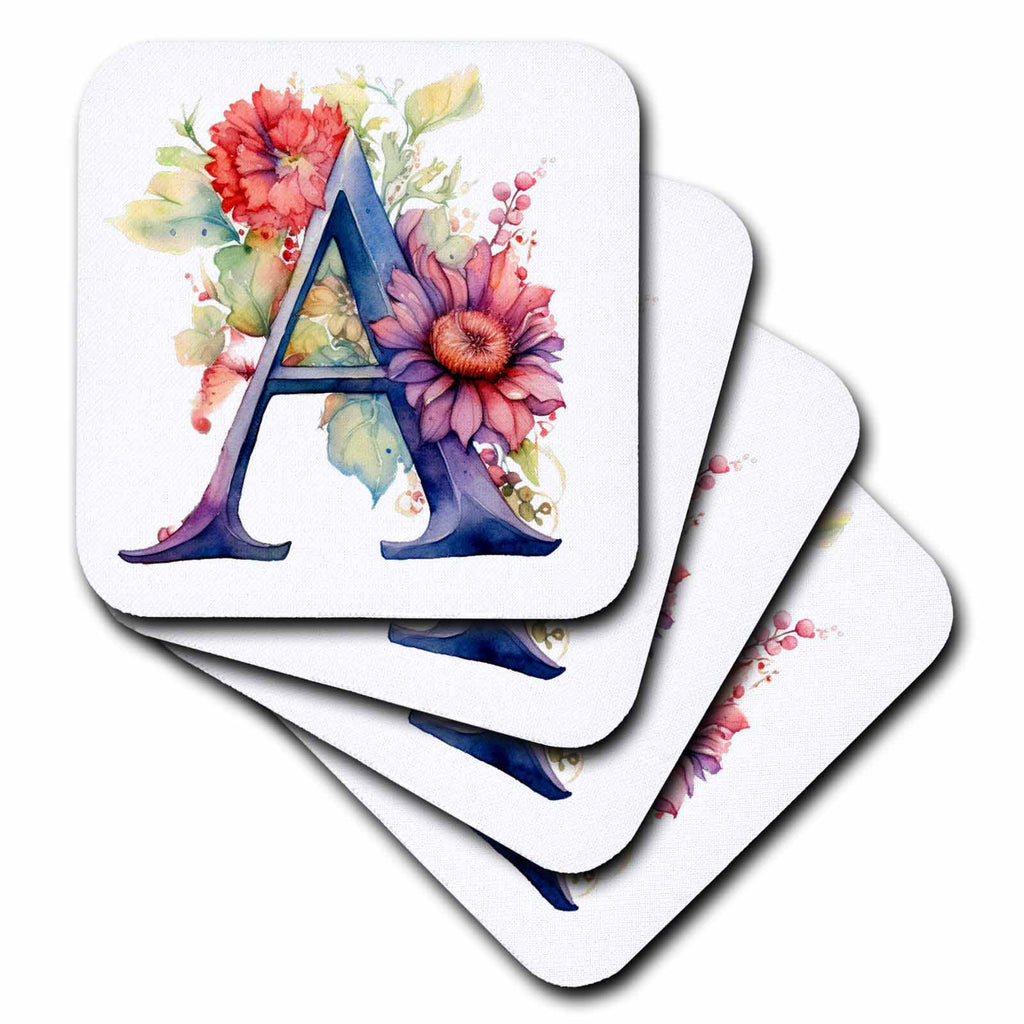3dRose Anne Marie Baugh - Monograms - Pretty Floral Monogram A - Coasters (cst-383067)