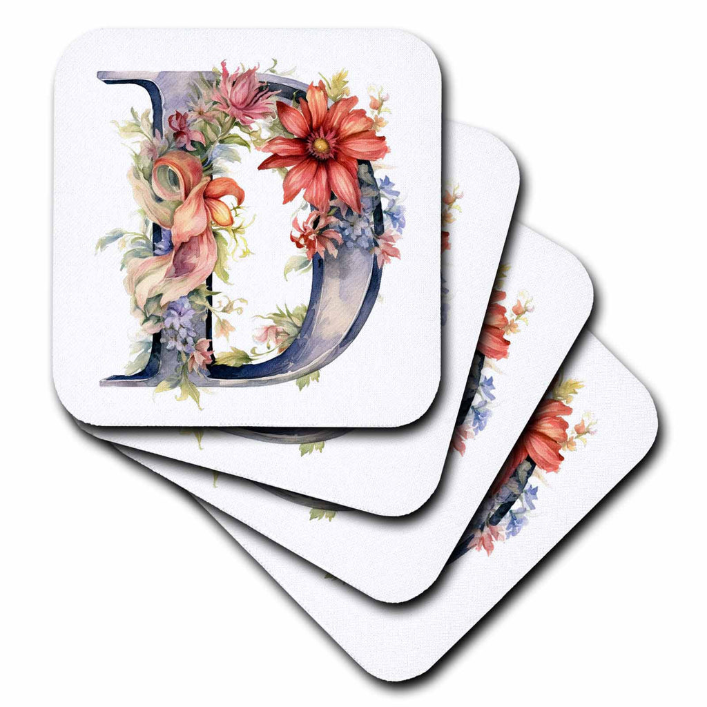 3dRose Anne Marie Baugh - Monograms - Pretty Floral Monogram D - Coasters (cst-383070)
