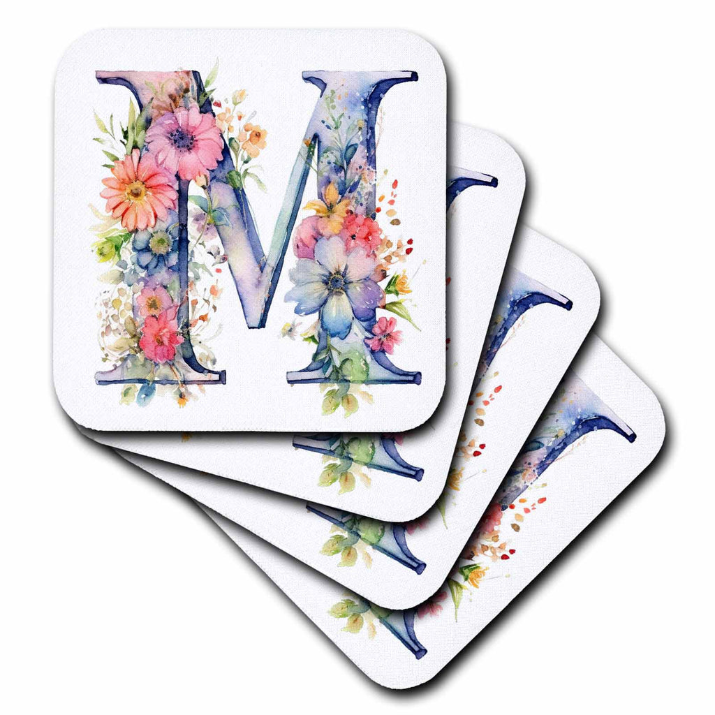 3dRose Anne Marie Baugh - Monograms - Pretty Floral Monogram M - Coasters (cst-383077)
