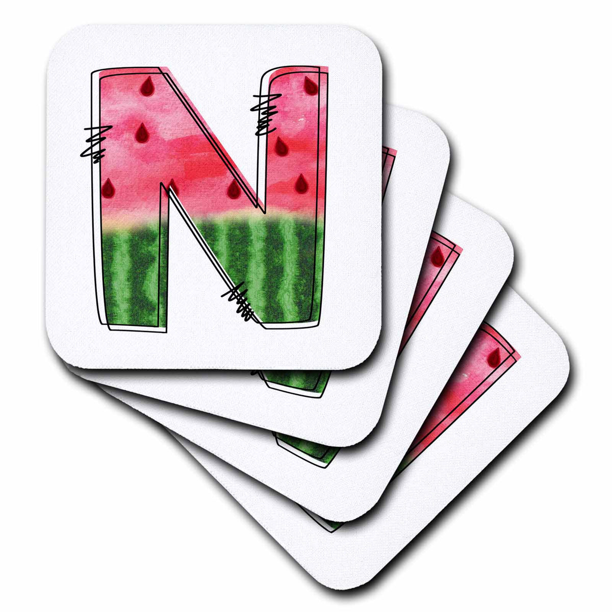 3dRose Anne Marie Baugh - Monograms - Cute Watermelon Monogram N - Coasters (cst-383098)