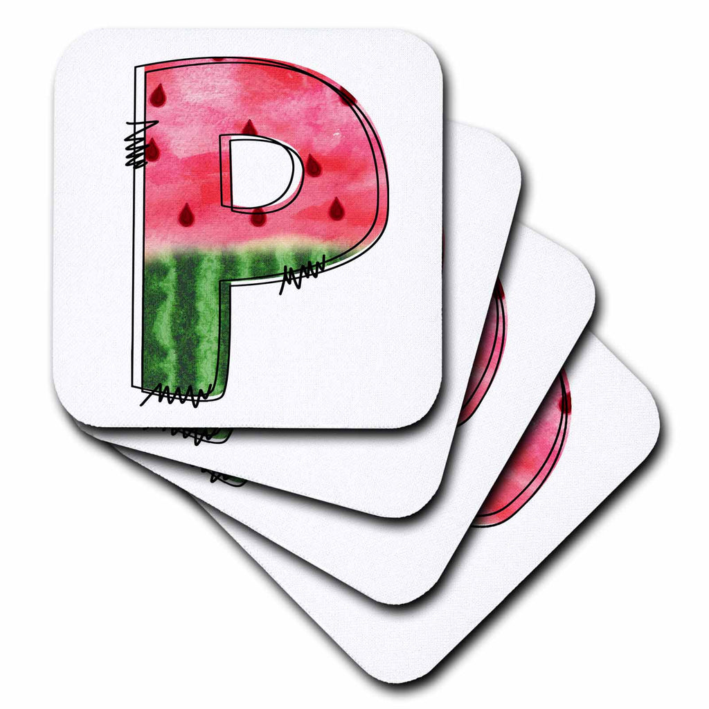 3dRose Anne Marie Baugh - Monograms - Cute Watermelon Monogram P - Coasters (cst-383099)