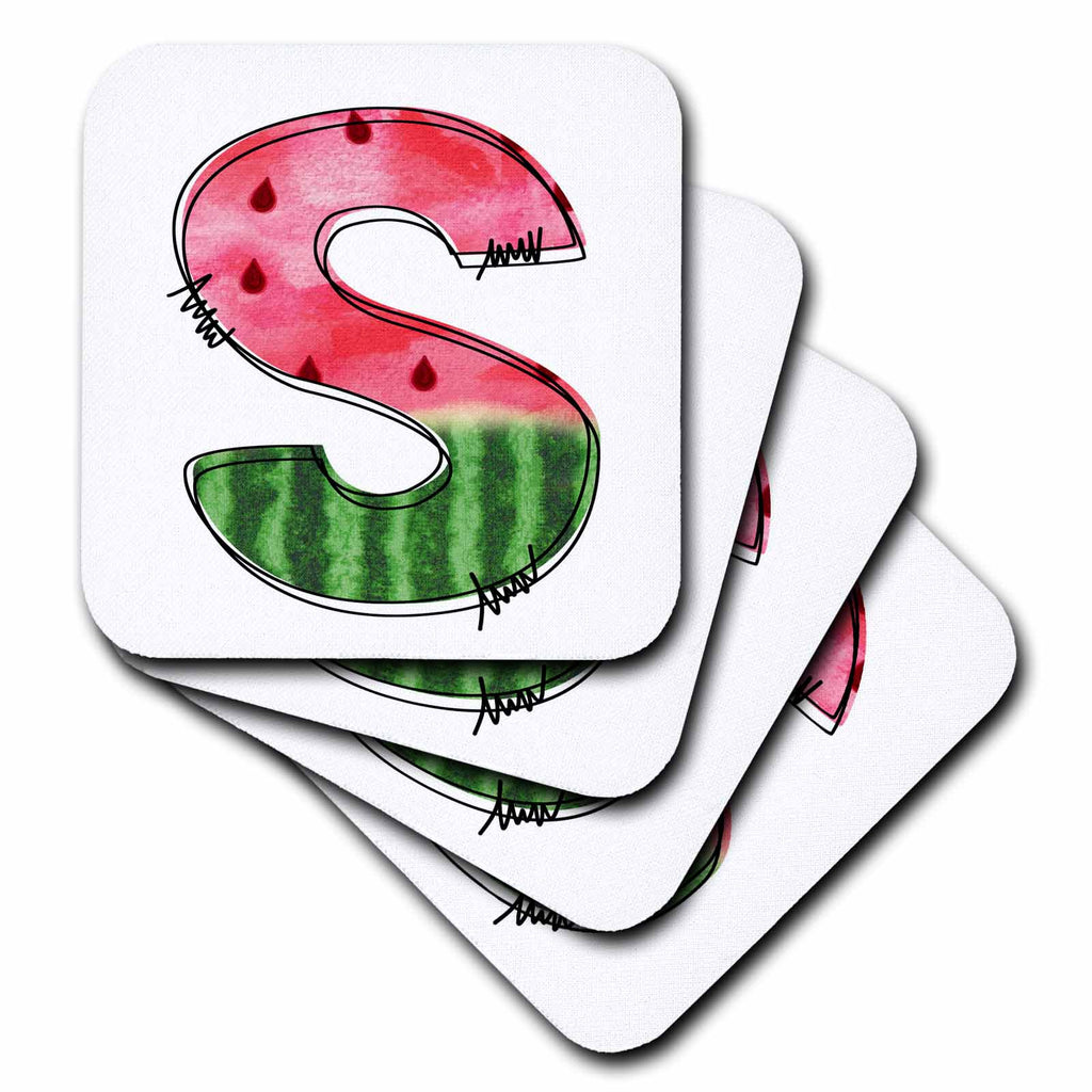 3dRose Anne Marie Baugh - Monograms - Cute Watermelon Monogram S - Coasters (cst-383101)