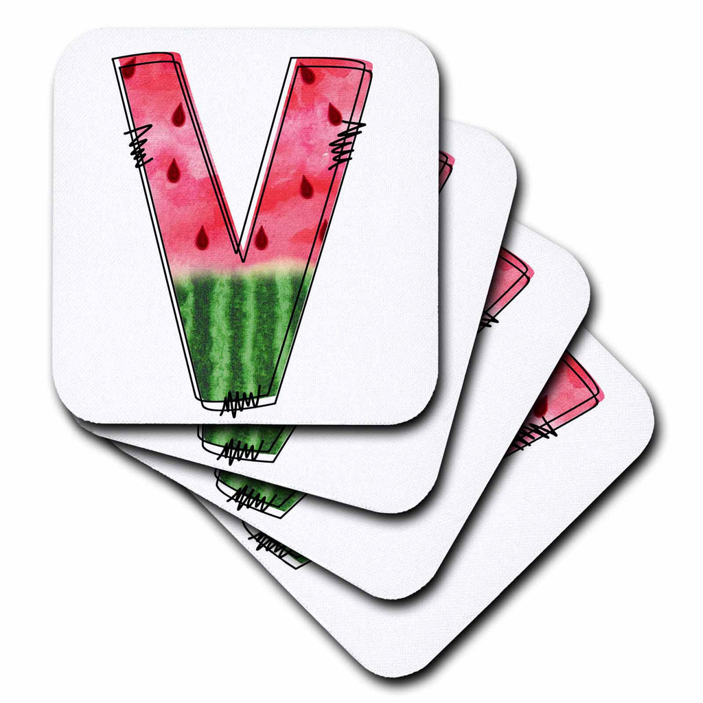3dRose Anne Marie Baugh - Monograms - Cute Watermelon Monogram V - Coasters (cst-383103)