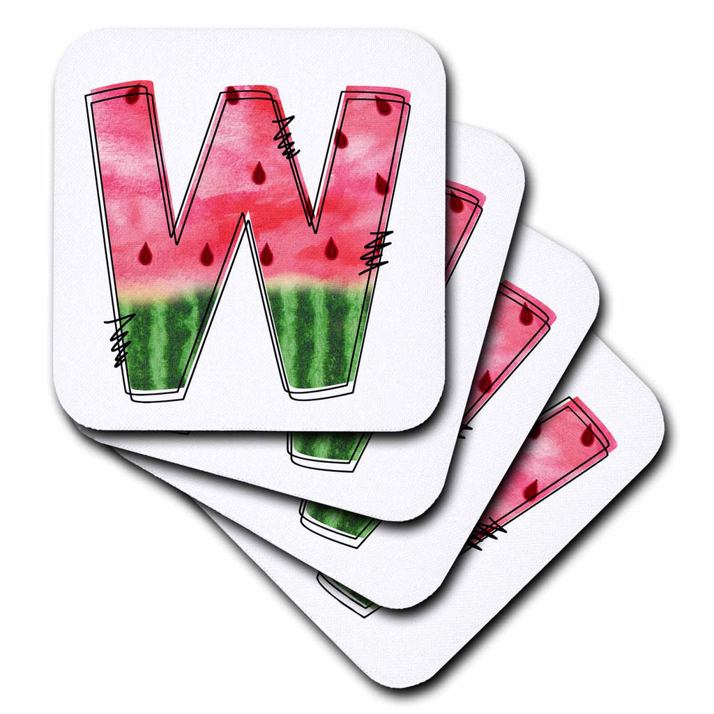 3dRose Anne Marie Baugh - Monograms - Cute Watermelon Monogram W - Coasters (cst-383104)
