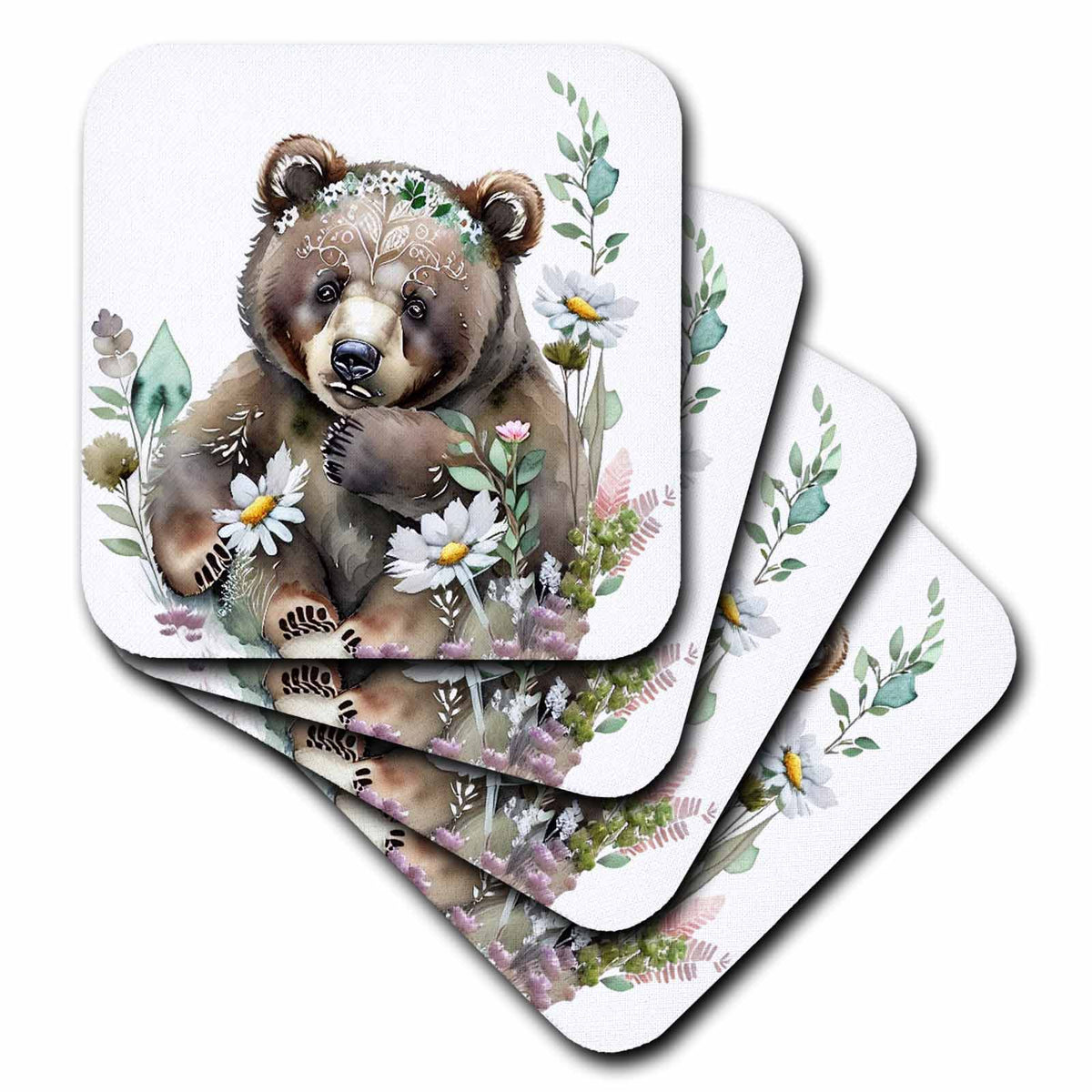 3dRose Cute Boho Ornamental Brown Bear Illustration - Coasters (cst-383238)