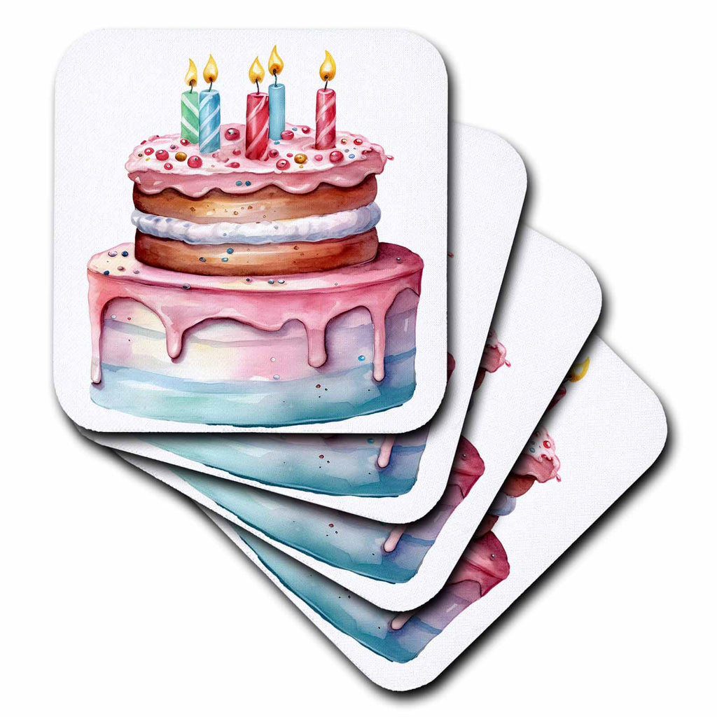 3dRose Cute Pink Birthday Cake Illustration - Coasters (cst-383254)