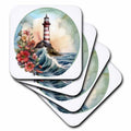 3dRose Floral Lighthouse Ocean Illustration - Coasters (cst-383303)