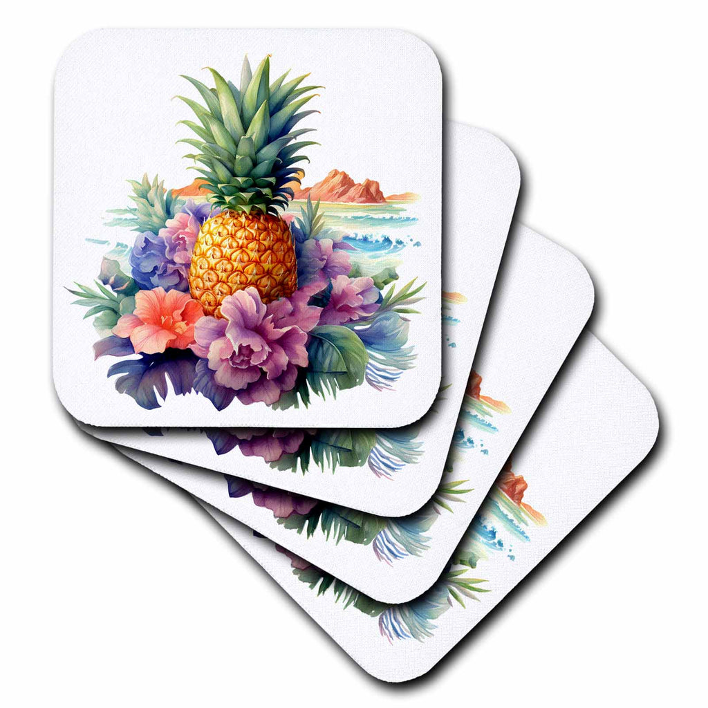 3dRose Pretty Floral Pineapple Illustration - Coasters (cst-383322)