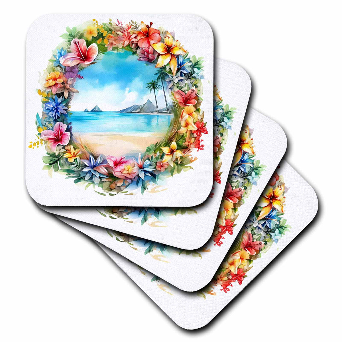 3dRose Tropical Hawaiian Floral Wreath Beach Scene Illustration - Coasters (cst-383324)