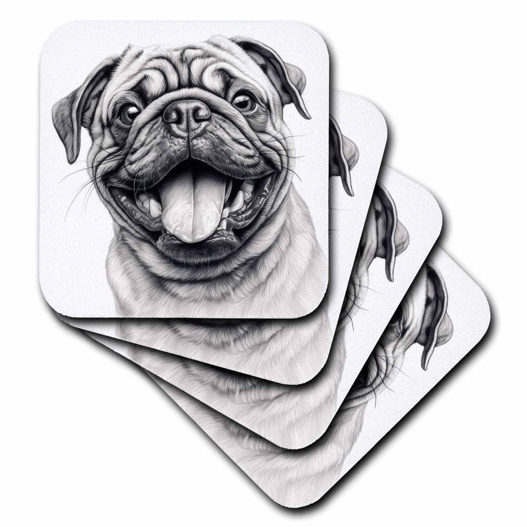 3dRose Happy Pug Pencil Drawing. So Happy. - Coasters (cst-383362)