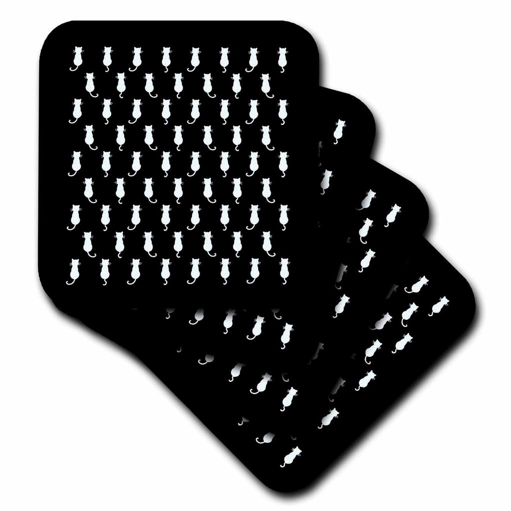 3dRose White Cat Isolated on Black Polka Dot Pattern - Coasters (cst-383428)